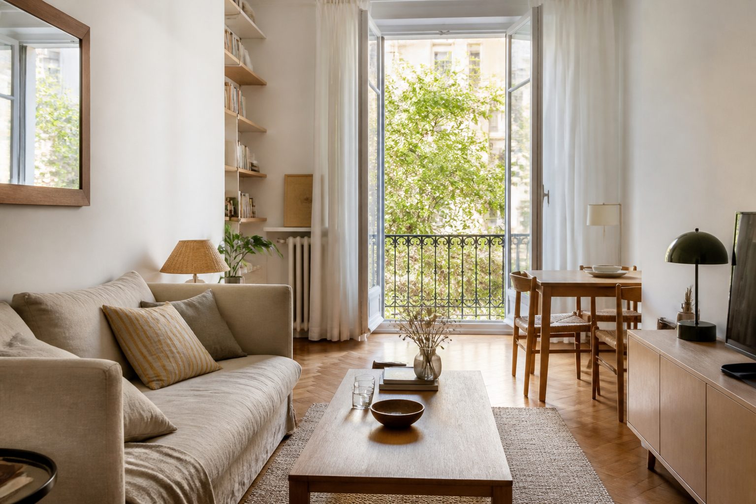 Contemporary interior with light, airy furniture